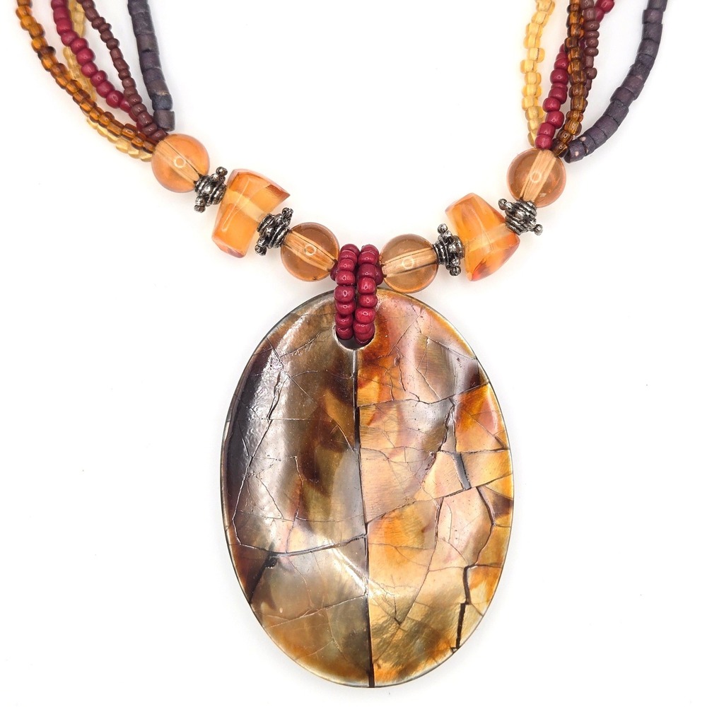 Boho Statement Pendant Necklace Multi Strand Beaded Earth Tones‎